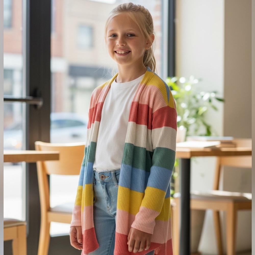 Forever Me Girls XL (14/16) Colorful Striped Long‎ Sleeve Open Front Cardigan